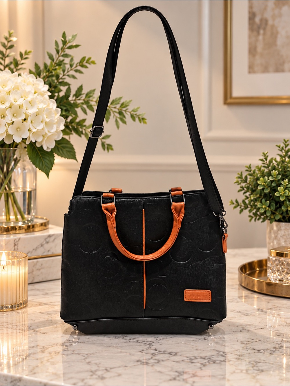 🖤 Black & Tan Embossed Letter Satchel Crossbody Bag